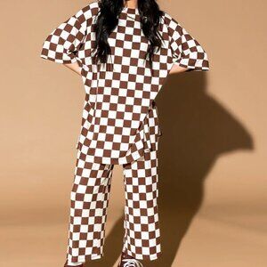 Lex Ribbed Checkerboard Playsuit in Cookie Dough L
